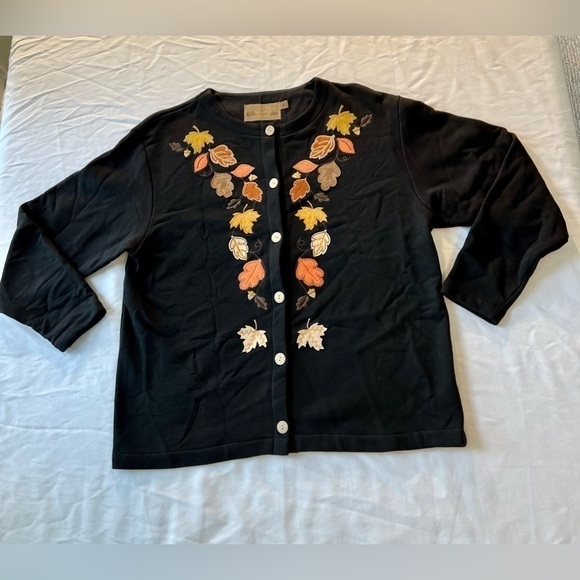 Shenandoah Womens Autumn Leaves Button Up Cardigan Sweatshirt Fleece 3/4 Sleeve - Picture 4 of 6